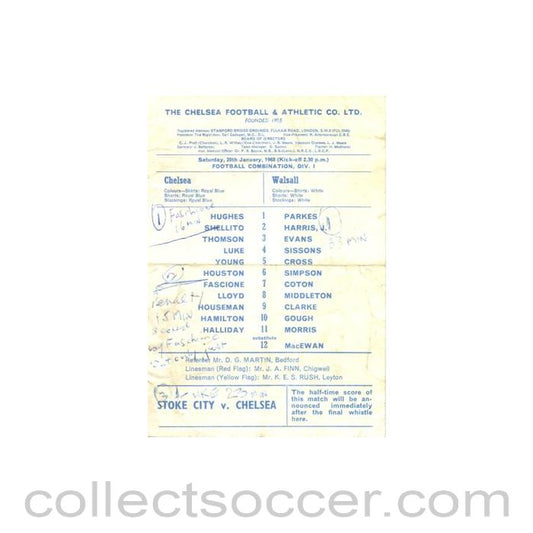 1968 - Chelsea v Walsall Reserves official programme 20/01/1968 Football Combination