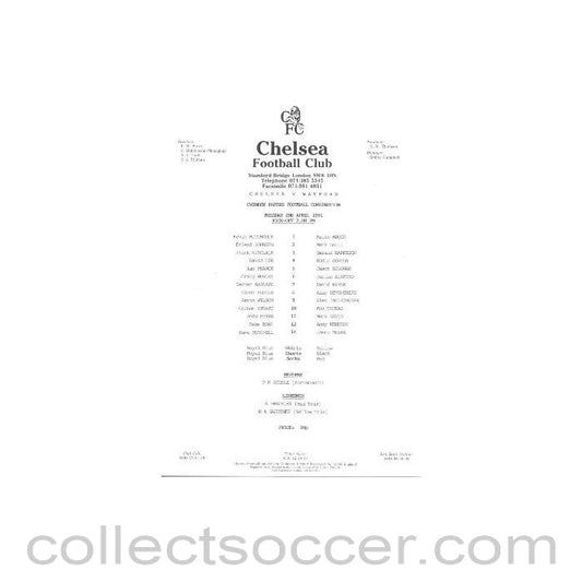 1991 - Chelsea v Watford official teamsheet 02/04/1991