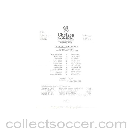 1987 - Chelsea v Watford official teamsheet 07/04/1987