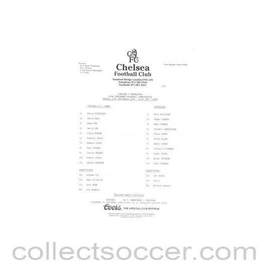 1994 - Chelsea v Wimbledon Reserves official teamsheet 26/09/1994 Football Combination