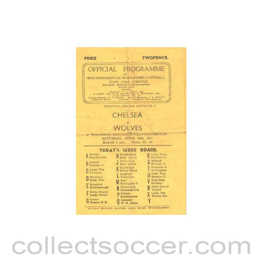 1947 - Wolverhampton Wanderers vChelsea official programme 26/04/1947