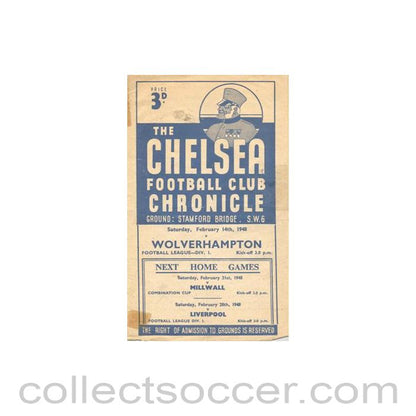 1948 - Chelsea v Wolverhampton Wanderers official programme 14/02/1948 Football League