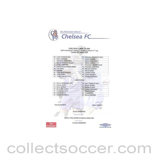 2003 - Chelsea v Zilina Moldova official colour teamsheet 26/08/2003 Champions League