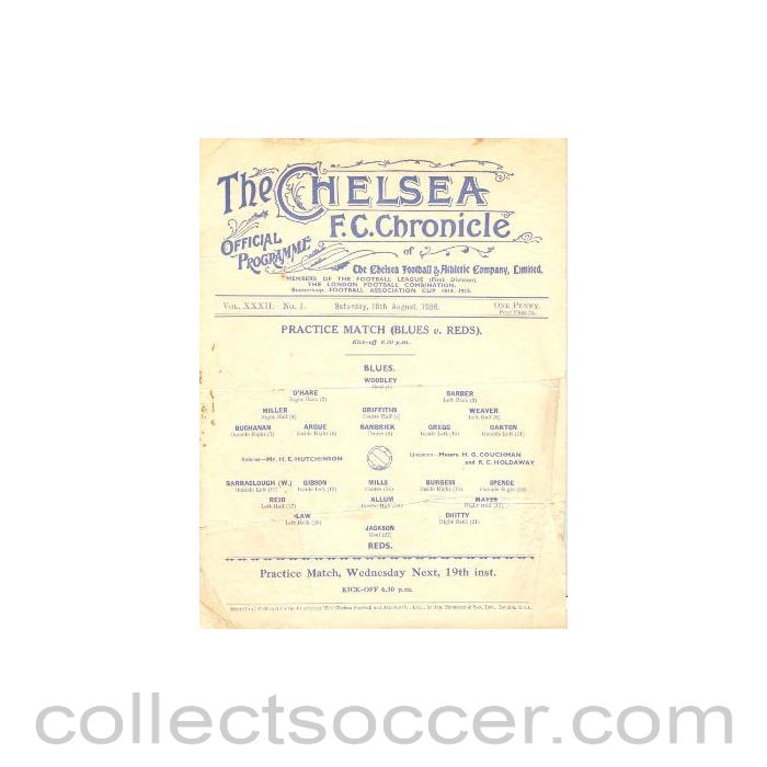 1936 - Chelsea Practice Match official programme 15/08/1936