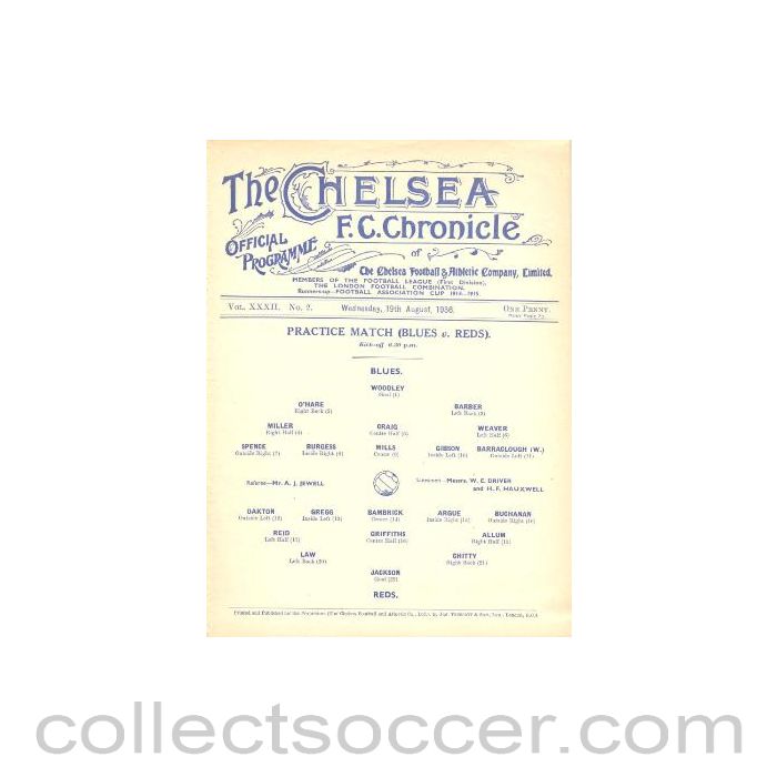 1936 - Chelsea Practice Match official programme 19/08/1936