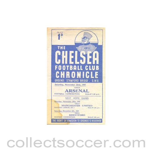 1947 - Chelsea Reserves v Arsenal Reserves official programme 22/11/1947