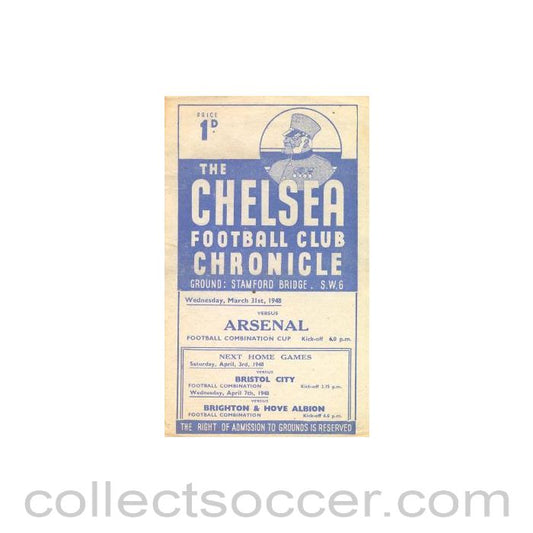 1948 - Chelsea Reserves v Arsenal Reserves official programme 31/03/1948