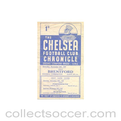 1947 - Chelsea Reserves v Brentford Reserves official programme 06/12/1947