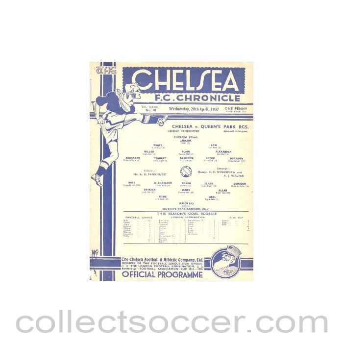 1937 - Chelsea Reserves v Queen's Park Rangers Reserves official programme 28/04/1937
