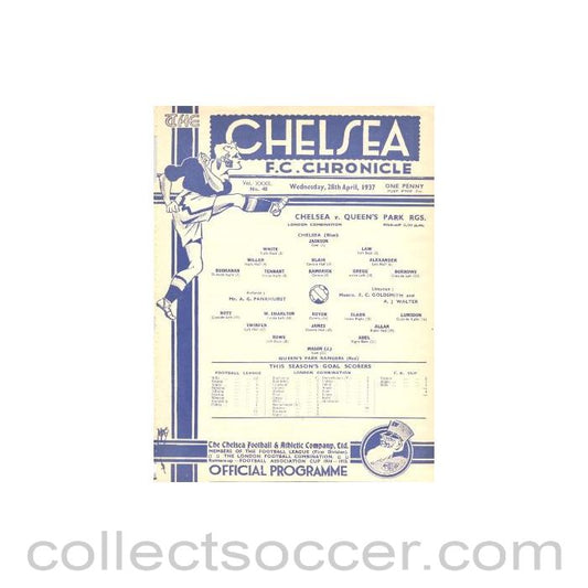 1937 - Chelsea Reserves v Queen's Park Rangers Reserves official programme 28/04/1937