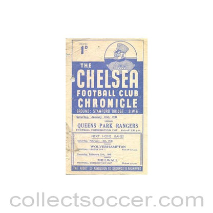 1948 - Chelsea Reserves v Queen's Park Rangers Reserves official programme 31/01/1948