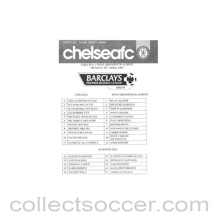 2009 - Chelsea Reserves v West Bromwich Albion Reserves official programme 20/04/2009