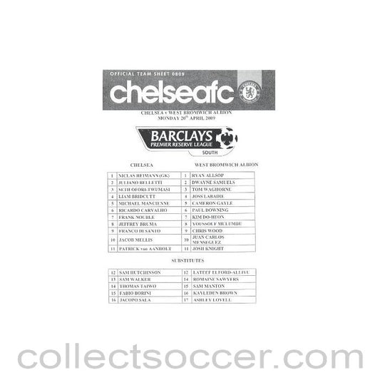 2009 - Chelsea Reserves v West Bromwich Albion Reserves official programme 20/04/2009
