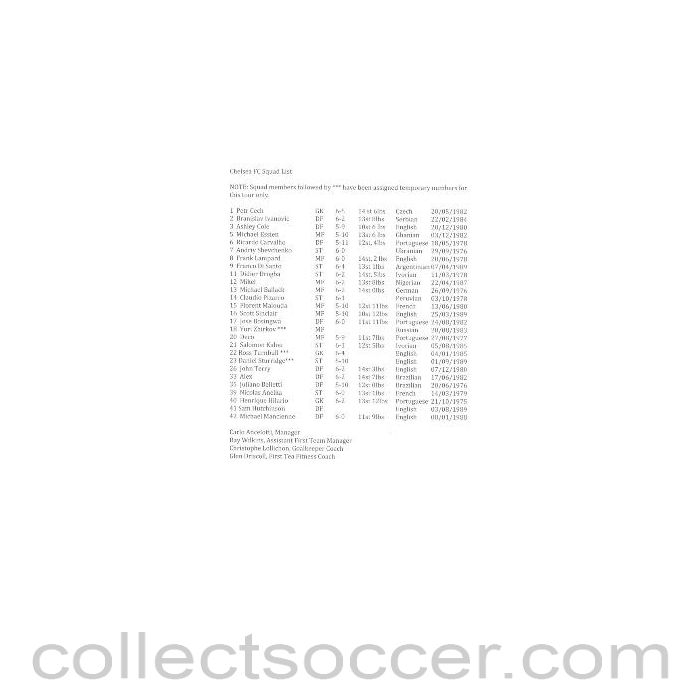 2009 - Seattle Sounders v Chelsea Chelsea Sqad List on an American size paper 18/07/2009, played in the USA