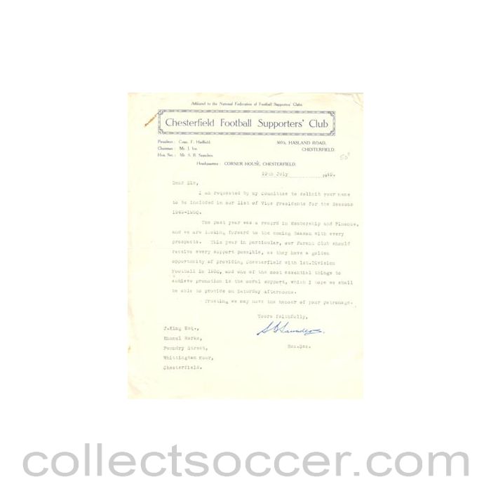 1949 - Chesterfield Football Supporters' Club letter of 19/07/1949, signed by Saunders, with a business card