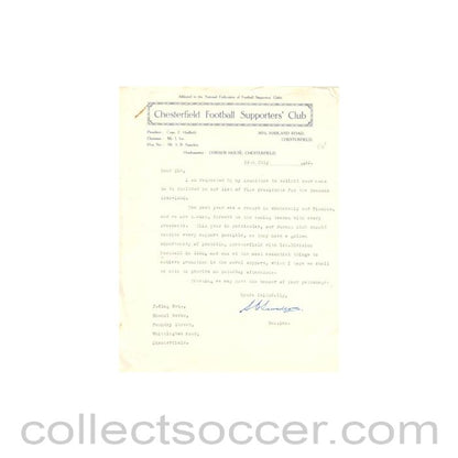 1949 - Chesterfield Football Supporters' Club letter of 19/07/1949, signed by Saunders, with a business card
