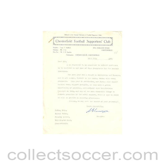 1949 - Chesterfield Football Supporters' Club letter of 19/07/1949, signed by Saunders, with a business card