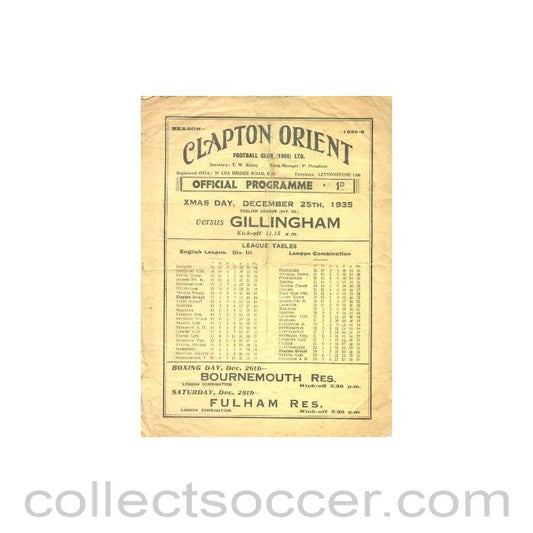 1935 - Clapton Orient v Gillingham official programme 25/12/1935
