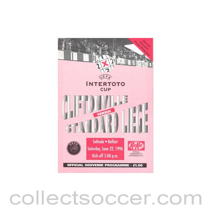 1996 - Cliftonville v Standard Liege official programme 22/06/1996 Intertoto Cup