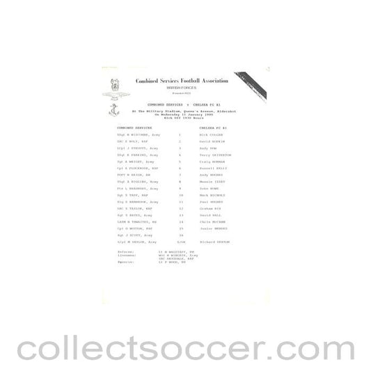 1995 - Combined Services v Chelsea XI official teamsheet 11/01/1995