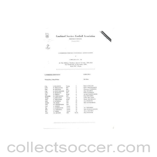 1996 - Combined Services v Chelsea XI official teamsheet 11/12/1996