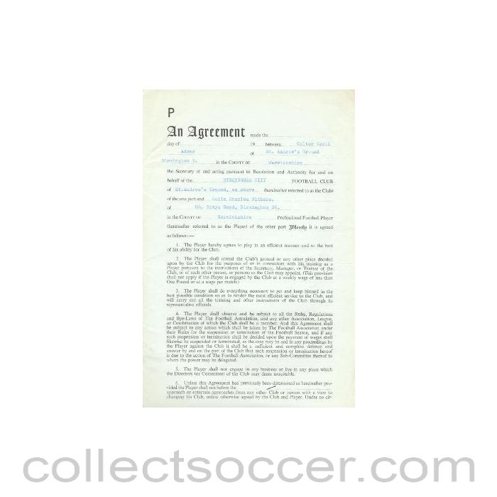 1963 - Contract For Hire of a Player between Birmingham City F.C. and Colin Charles Withers of 01/08/1963