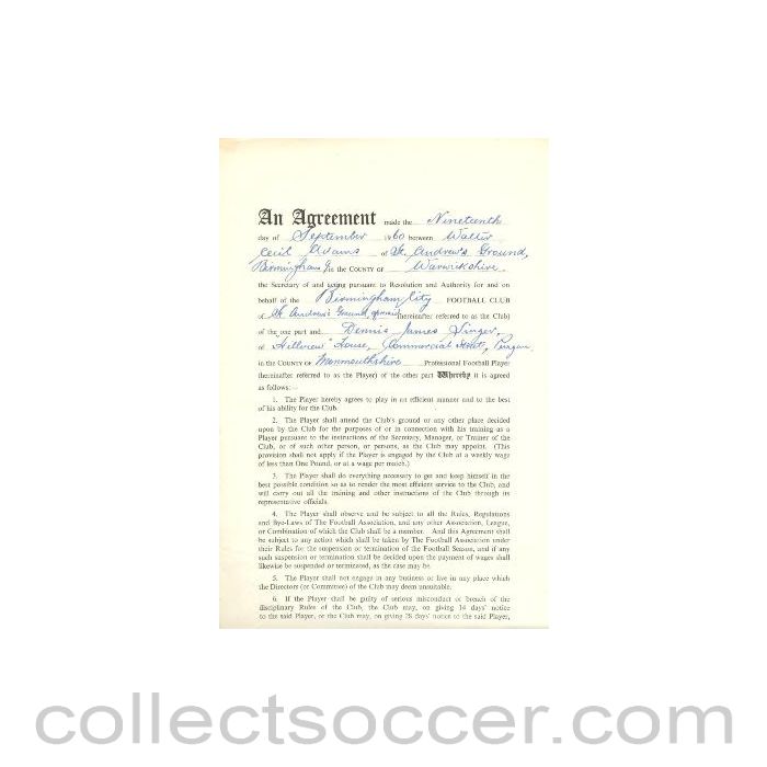 1960 - Contract For Hire of a Player between Birmingham City F.C. and Dennis James Singer of 19/09/1960