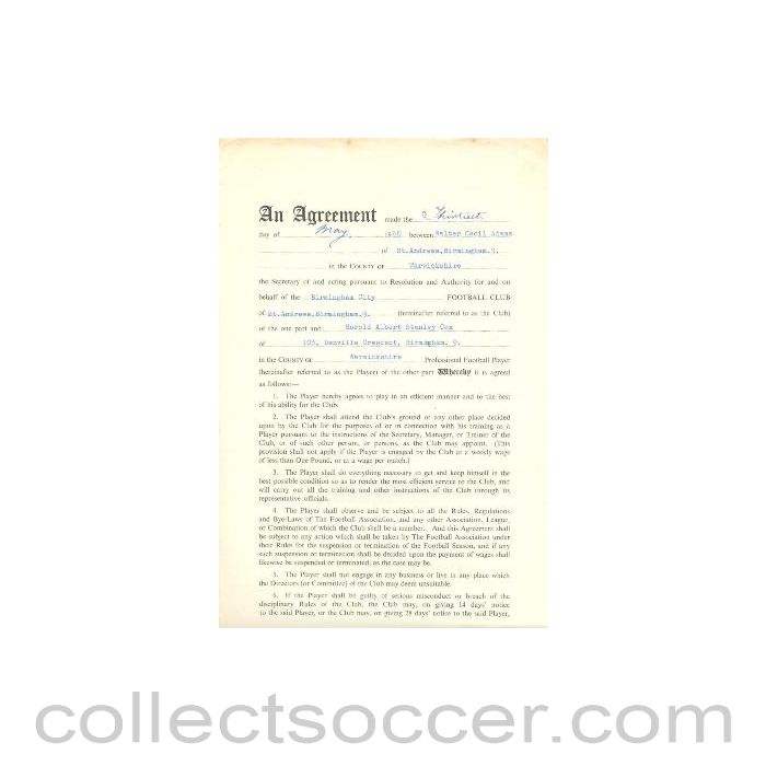 1960 - Contract For Hire of a Player between Birmingham City F.C. and Harold Albert Stanley Cox of 13/05/1960