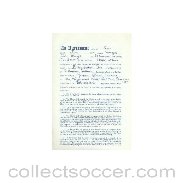 1962 - Contract For Hire of a Player between Birmingham City F.C. and Michael Edwin Bullock of 06/06/1962