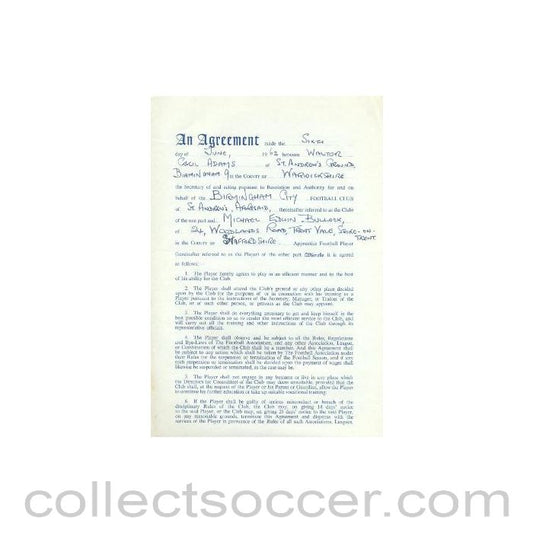 1962 - Contract For Hire of a Player between Birmingham City F.C. and Michael Edwin Bullock of 06/06/1962