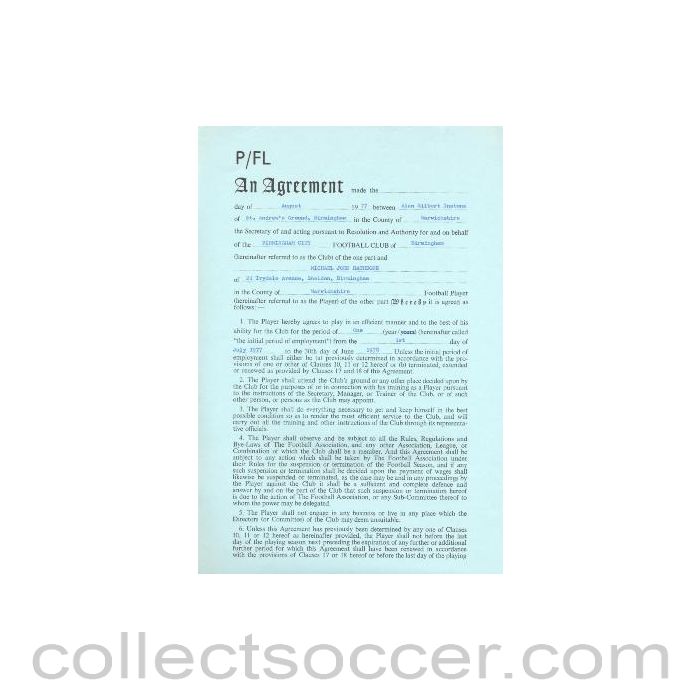 1977 - Contract For Hire of a Player between Birmingham City F.C. and Michael John Rathbone of 01/08/1977