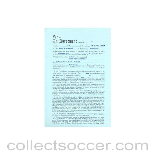 1972 - Contract For Hire of a Player between Birmingham City F.C. and Robert Dennis Latchford (Bob Latchford) of 01/07/1972
