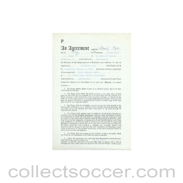 1962 - Contract For Hire of a Player between Birmingham City F.C. and Robin Gregory Stubbs of 21/05/1962