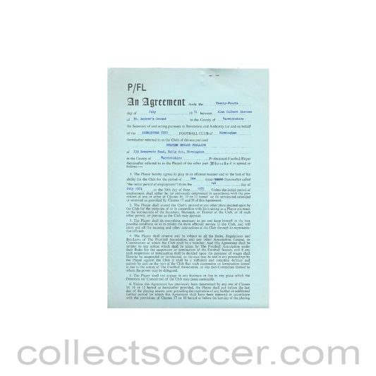 1974 - Contract For Hire of a Player between Birmingham City F.C. and Stephen Edward Phillips of 24/07/1974