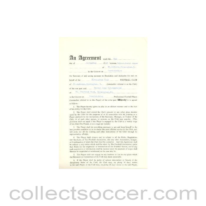 1960 - Contract For Hire of a Player between Birmingham City F.C. and Trevor John Wolstenholm of 08/09/1960