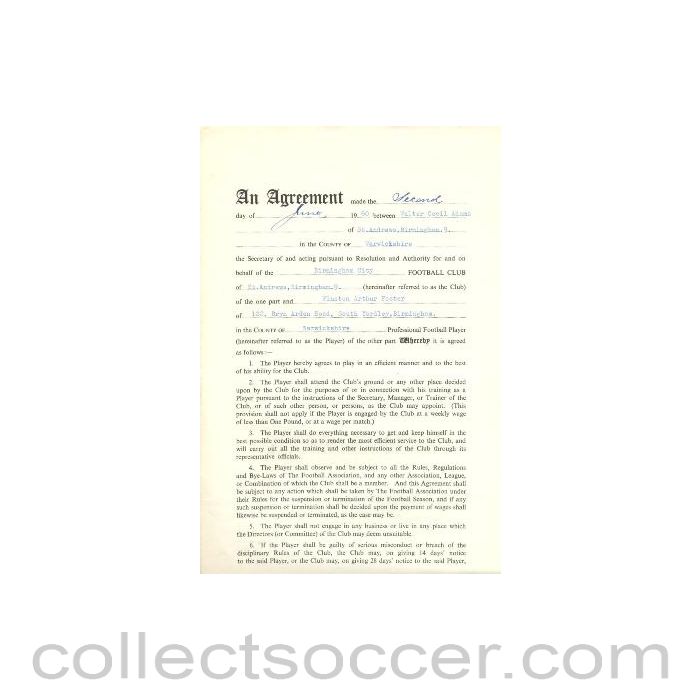 1960 - Contract For Hire of a Player between Birmingham City F.C. and Winston Arthur Foster of 02/06/1960