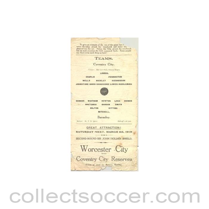 1919 - Coventry City v Barnsley official programme 01/03/1919