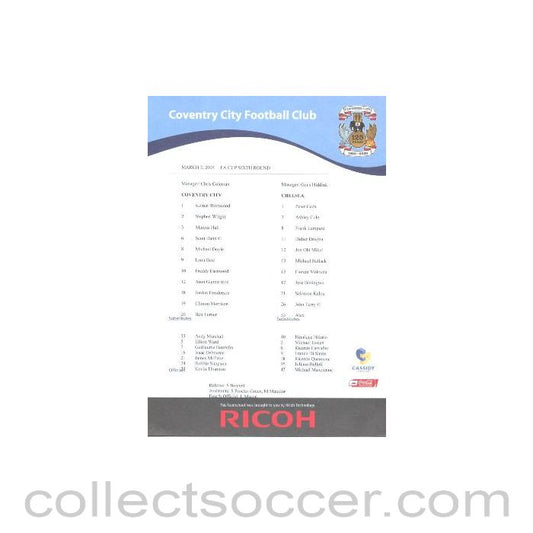 2009 - Coventry City v Chelsea colour teamsheet 07/03/2009 FA Cup