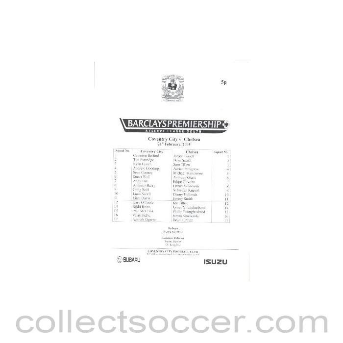 2005 - Coventry City v Chelsea official teamsheet 21/02/2005