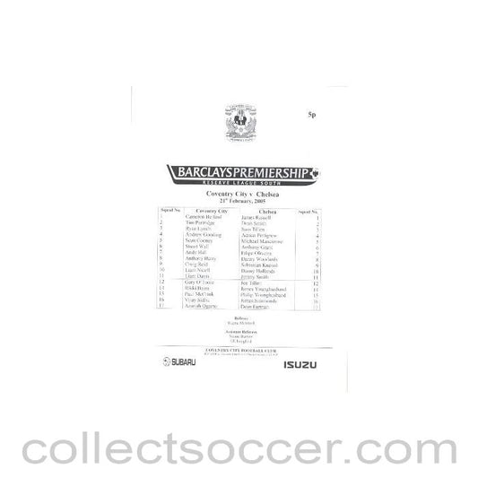 2005 - Coventry City v Chelsea official teamsheet 21/02/2005