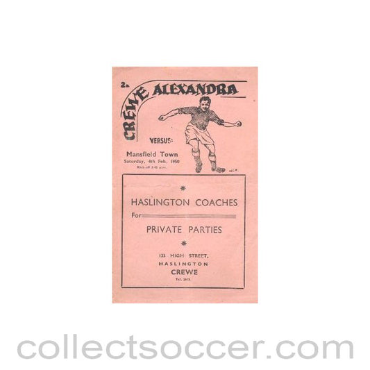 1950 - Creve Alexandra v Mansfield Town official programme 04/02/1950