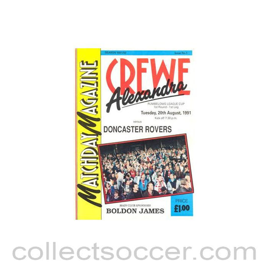 1991 - Crewe Alexandra v Doncaster Rovers official programme 20/08/1991 Rumbelows League Cup