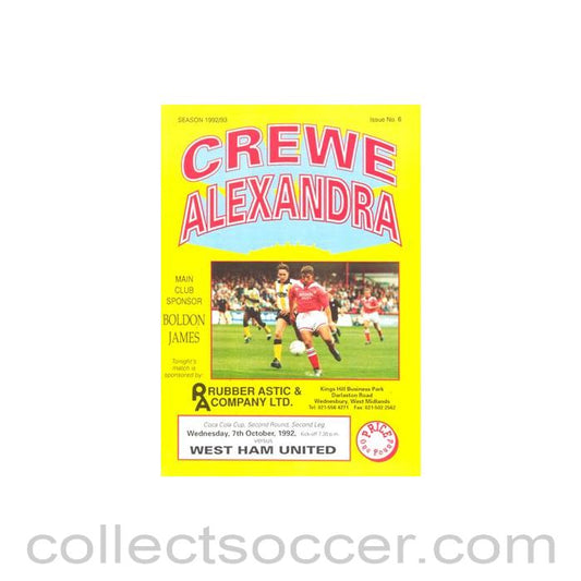 1992 - Crewe Alexandra v West Ham United official programme 07/10/1992 Coca Cola Cup