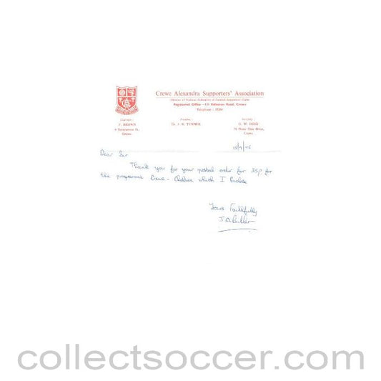 1975 - Crewe Alexandra Supporters' Association letter 15/09/1975
