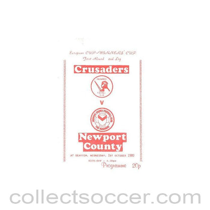1980 - Crusaders v Newport County official programme 01/10/1980 European Cup Winners Cup