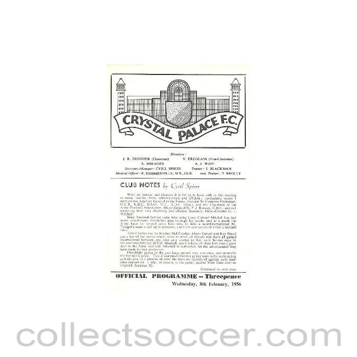 1956 - Crystal Palace v Army XI official programme 08/02/1956
