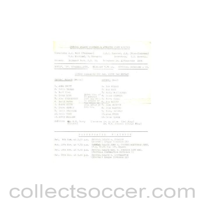1965 - Crystal Palace v Arsenal official teamsheet 01/11/1965