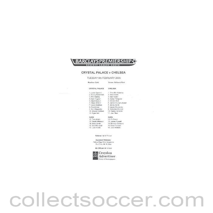 2005 - Crystal Palace v Chelsea official teamsheet 08/02/2005