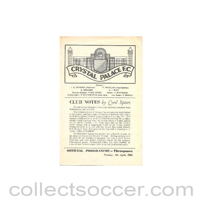 1956 - Crystal Palace v Walthamstow Avenue official programme 09/04/1956,