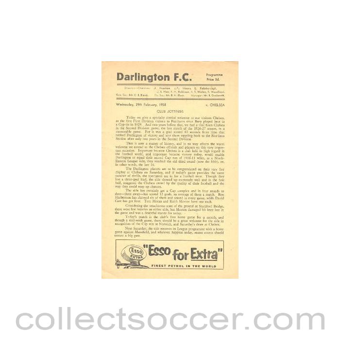 1958 - Darlington vChelsea official programme 29/02/1958